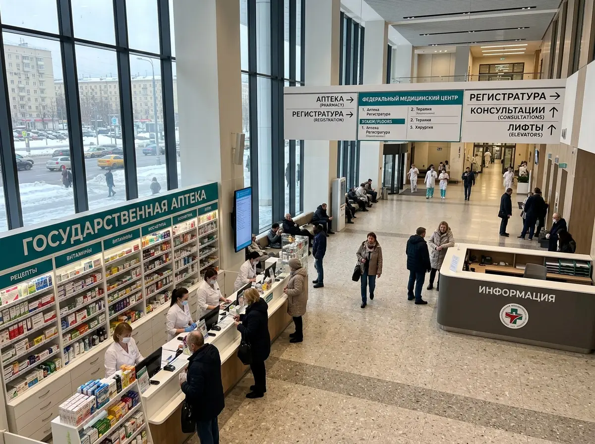 Аптека при федеральном медицинском центре в Москве, просторный холл с навигацией и стеллажами препаратов